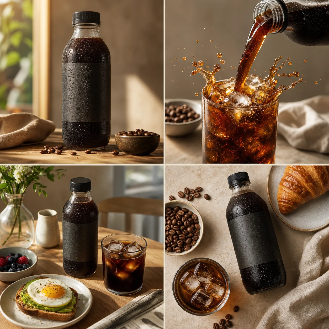 AI food and coffee static ad example demonstrating steam or pour cue